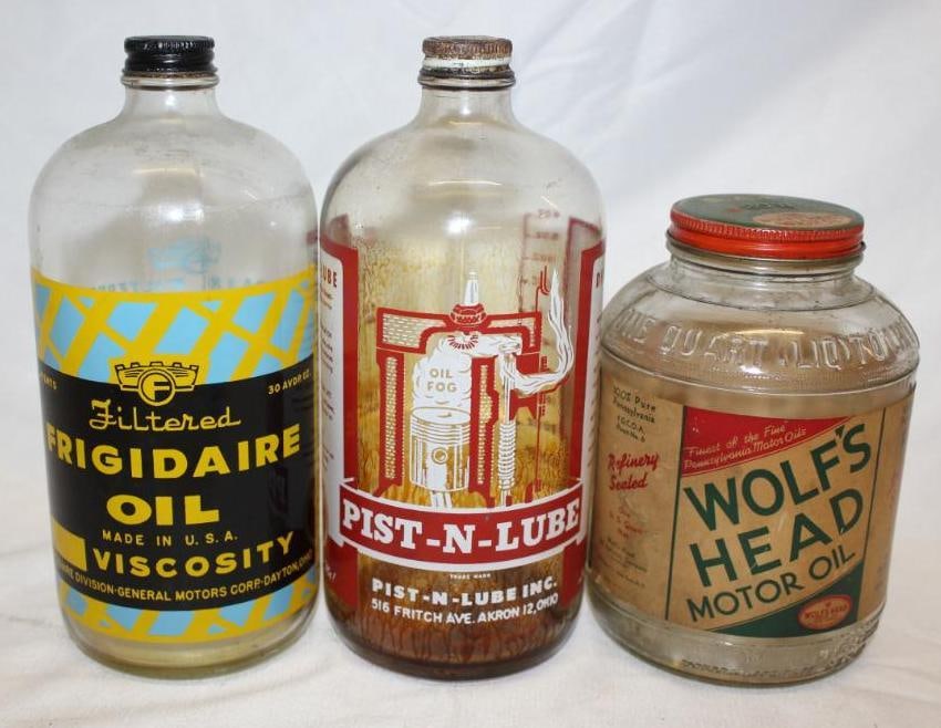 Group of 3 Advertising Oil Bottles Frigidaire, Wolfs Head, Pist-n-Lube (1 of 3)
