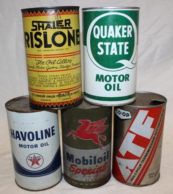 Group of 5 Metal 1 Imperial Quart Oil Cans Co-Op, Mobil, Texaco, Quaker State, Rislone (1 of 2)