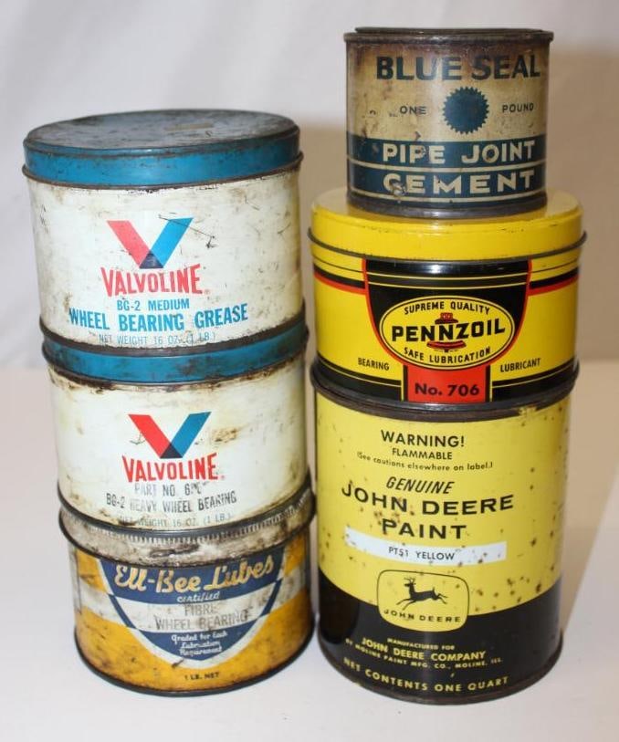 Group of 6 Grease and Paint Cans Pennzoil, John Deere, Ell-Bee, Blue Seal, Valvoline: All have some wear