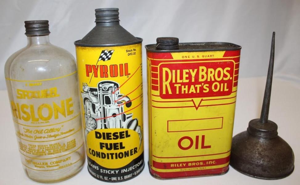 Group of 4 Advertising Oil Cans and Bottles; Riley Bros, Rislone, Pyroil (1 of 2)
