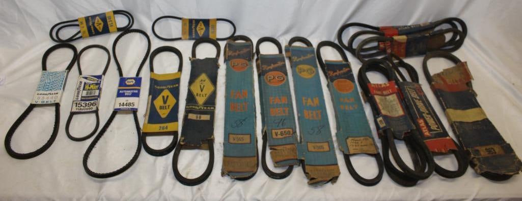 Large Group of Goodyear Atlas and Raybestos Advertising Fan Belts: largest 24" x 5"