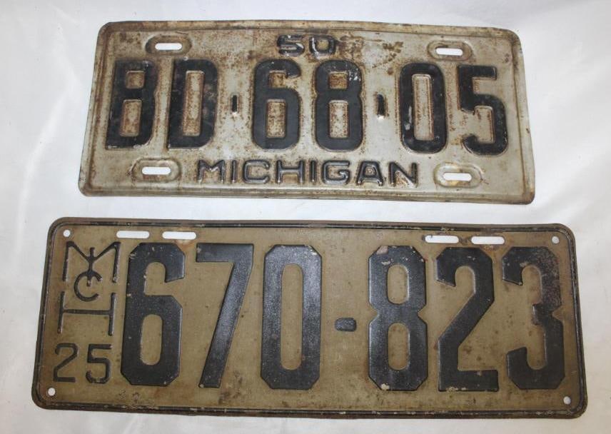 Group of 2 1925-1950 Michigan Embossed License Plates: largest 15.5" x 5.5"