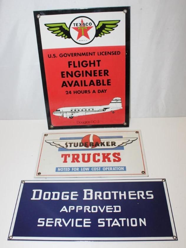 Group of 3 Reproduction Porcelain Advertising Signs; Texaco, Dodge, Studebaker: Largest is 10" x 14"