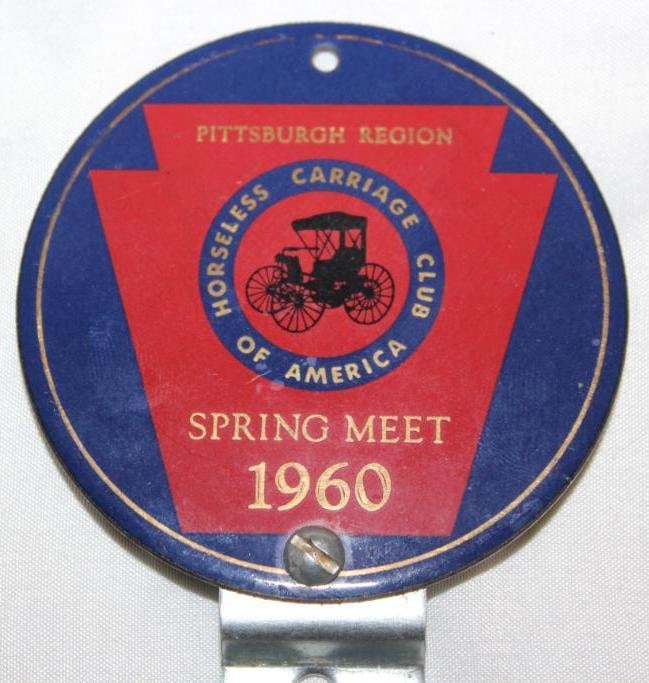HCCA Horseless Carriage Club of America 1960 Spring Meet License Plate Topper: 3" diameter, porcelain