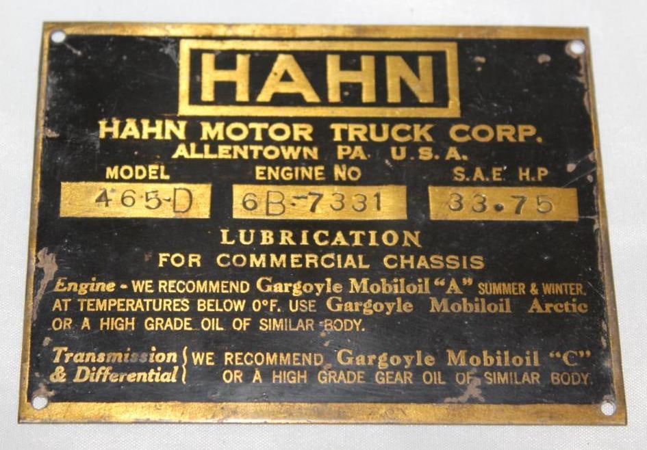 1927-1931 Hahn Motor Truck Serial Data Tag Emblem (1 of 2)