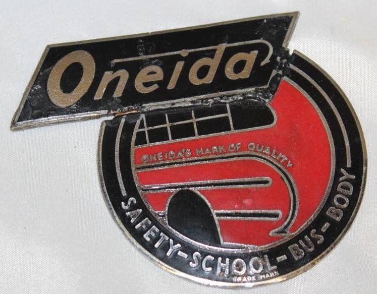Oneida School Bus Radiator Emblem Badge: 4" x 3.25", cloisonne, this appears to be two separate emblem combined into one