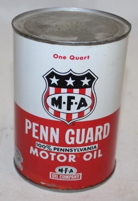 MFA Penn Guard Metal 1 Quart Motor Oil Can: it is full, in very good condition with only minor wear
