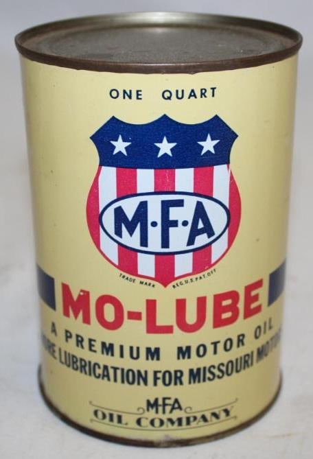 MFA Mo-Lube Metal 1 Quart Motor Oil Can: in very good condition with only light fading, both lids are intact