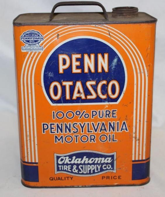 Penn Otasco Oklahoma Tire and Supply 2 Gallon Motor Oil Can: rust staining and wear throughout