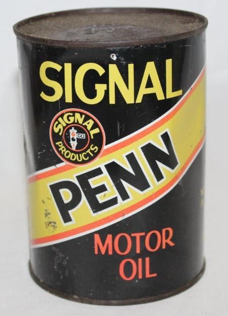 Signal Penn Metal 1 Quart Motor Oil Can: drained by two holes in the top lid, has some wear and scratches throughout, denting along the sides and reverse