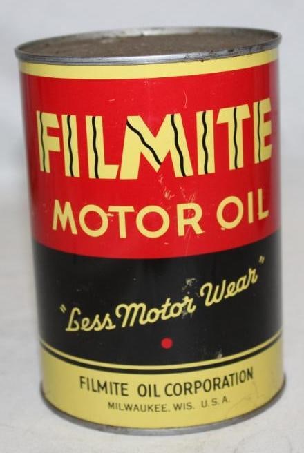 Joy Metal 1 Quart Motor Oil Can: drained by two holes in the bottom lid, has light wear and scratches throughout