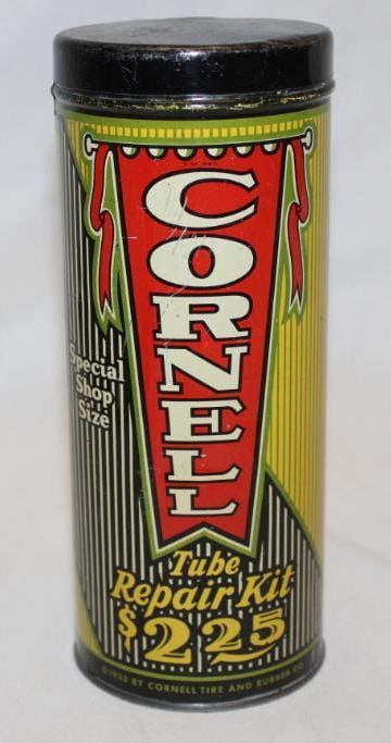 1933 Cornell Large Shop Size Tire Tube Repair Kit Can: It has great colors with some light wear and scratches. 3.5" x 8.5"