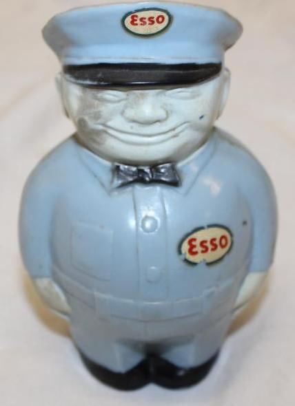 Esso Fat Man Service Station Attendant Advertising Coin Bank: There are a couple of fine cracks and some repairs with glue. 3" x 5" x 3"