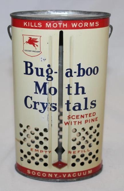 Socony Vacuum Bug-A-Boo Moth Crystal Meter Container: It is in good condition with only minor wear. 4" x 7" x 2.5"