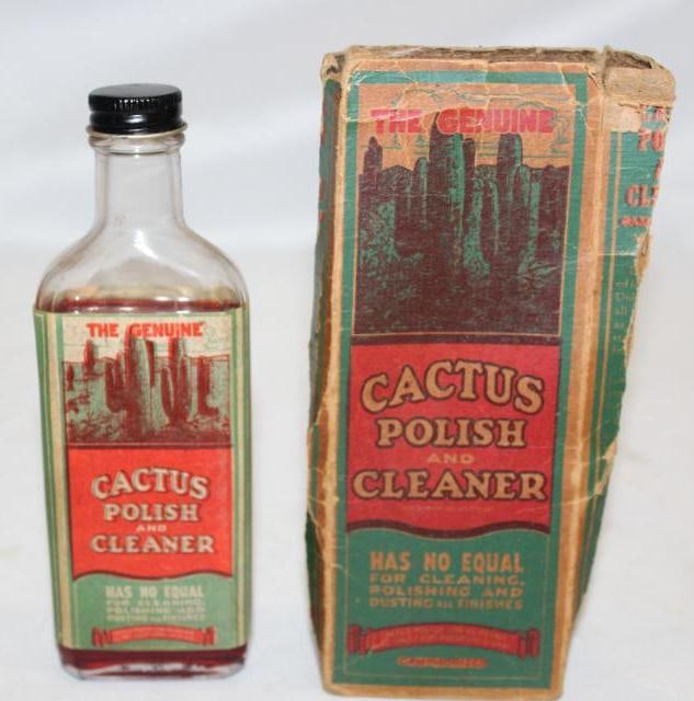 Graphic Cactus Polish and Cleaner Bottle with Box: Bottle has paper label and the box has tears and creases