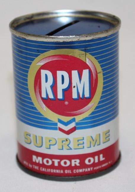 RPM Supreme Advertising Oil Can Coin Bank: It is in good condition with only light wear.