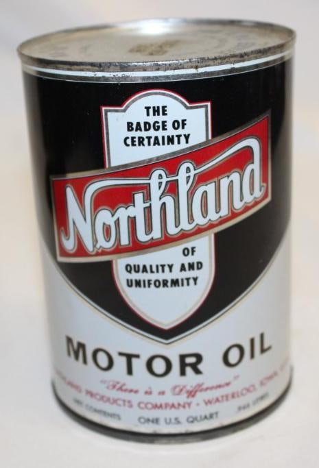 Northland Metal One Quart Oil Can: It is in good condition with some light scratches and minor dents. It is empty without any holes in the lids
