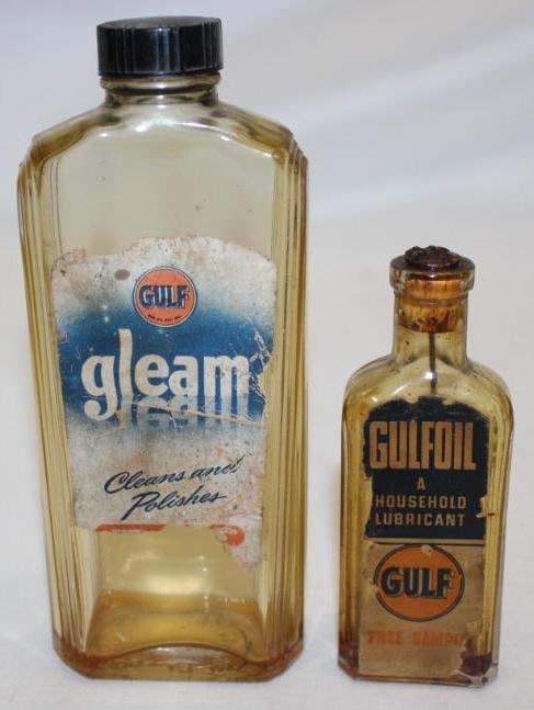 Group of 2 Gulf Gleam and Gulfoil bottles: Sample bottle is embossed on sides, both have paper labels, 3" x 7" x 1", 1.5" x 4.5" x 0.75"; both labels are incomplete
