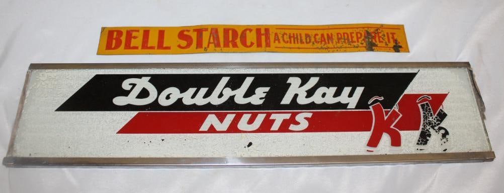 Group of 2 Bell Starch and Double Kay Nuts Advertising Signs: Starch sign is embossed tin 14" x 1.5", Double Kay is glass 19" x 4.5"