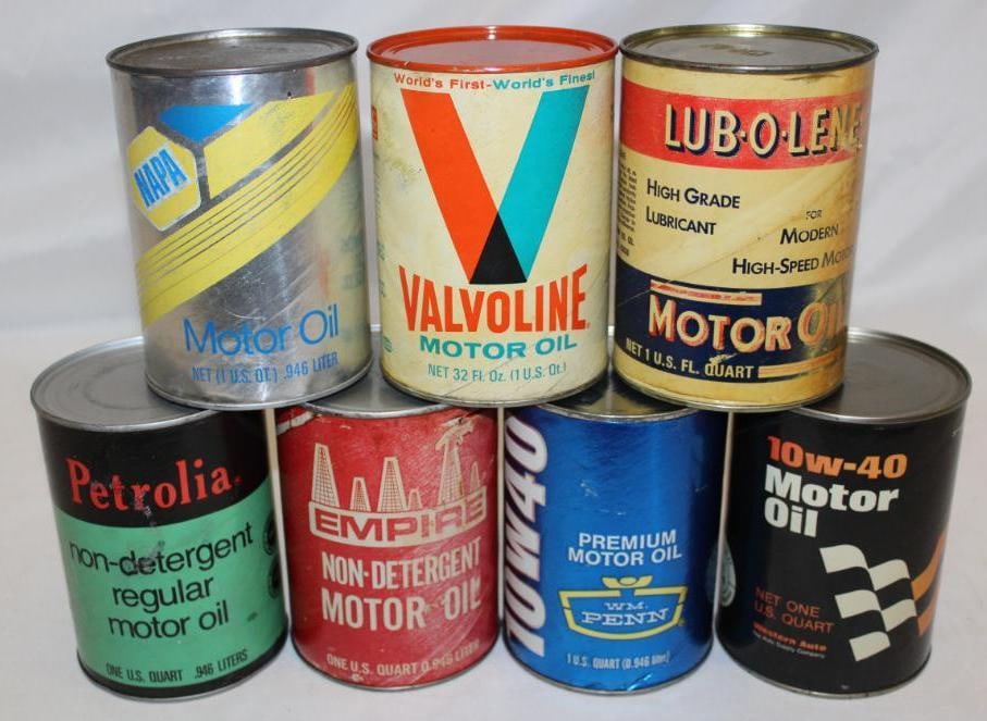 Group of 7 One Quart Motor Oil Cans: All Composite and empty; NAPA, Valvoline, Lub-o-lene, Petrolia, Wm. Penn, Empire, Western Auto