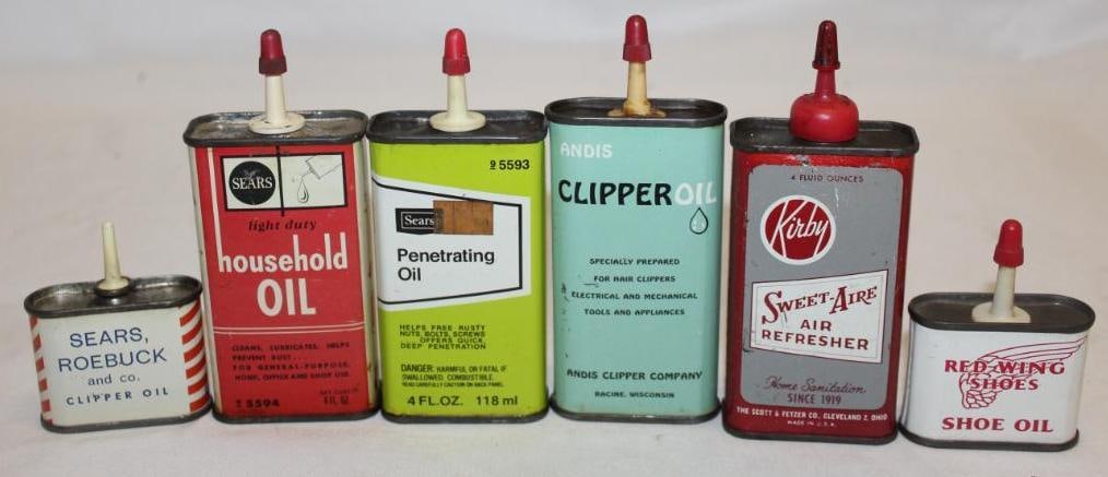 Group of 5 Sears, Kirby, Redwing Household Oiler Cans: between 1-4 oz each