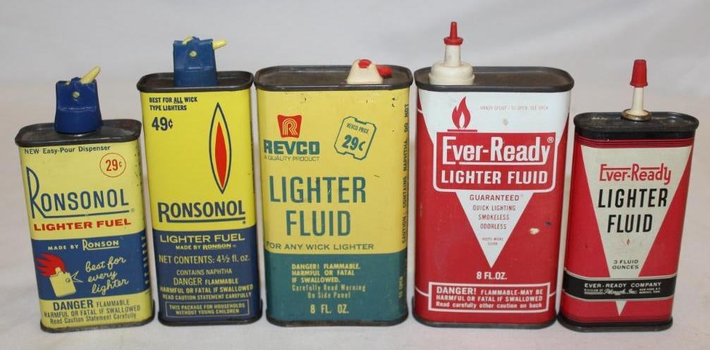 Group of 5 Oiler Lighter Fluid Cans: 3-8oz, Ever Ready, Revco, Ronsonol