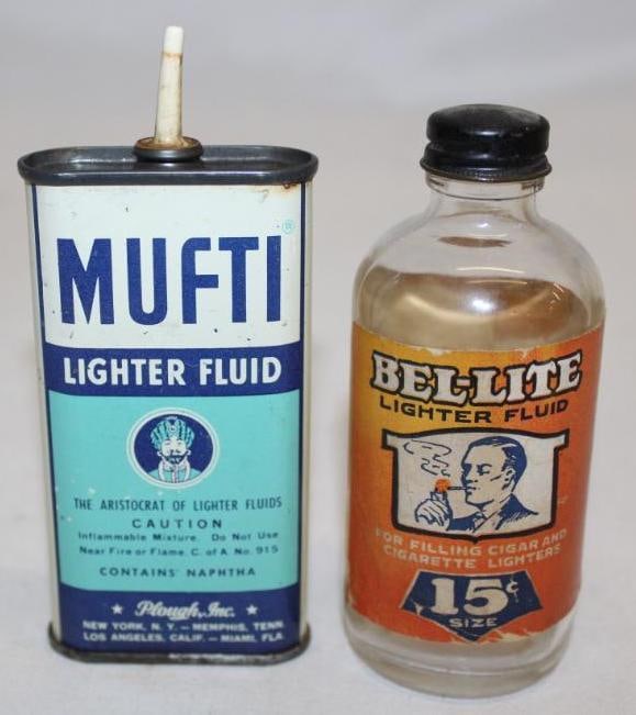 Group of 2 Lighter Fluid Cans and Bottles: Mufti, Bel-lite, 3oz each