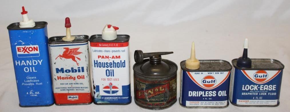 Group of 6 Gulf, Exxon, Mobil, American Household Oiler Cans (1 of 2)