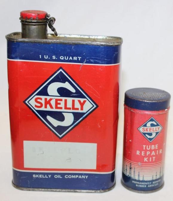 Group of 2 Skelly Skelflo Quart and Tire Tube Repair Kit Oil Cans: Both have some denting.