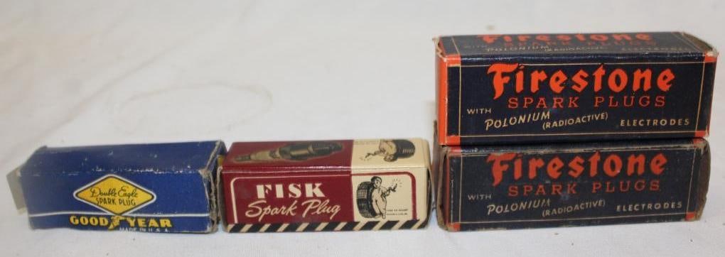 Group of 4 Fisk, Firestone, and Good-Year Spark Plugs with Boxes (1 of 5)