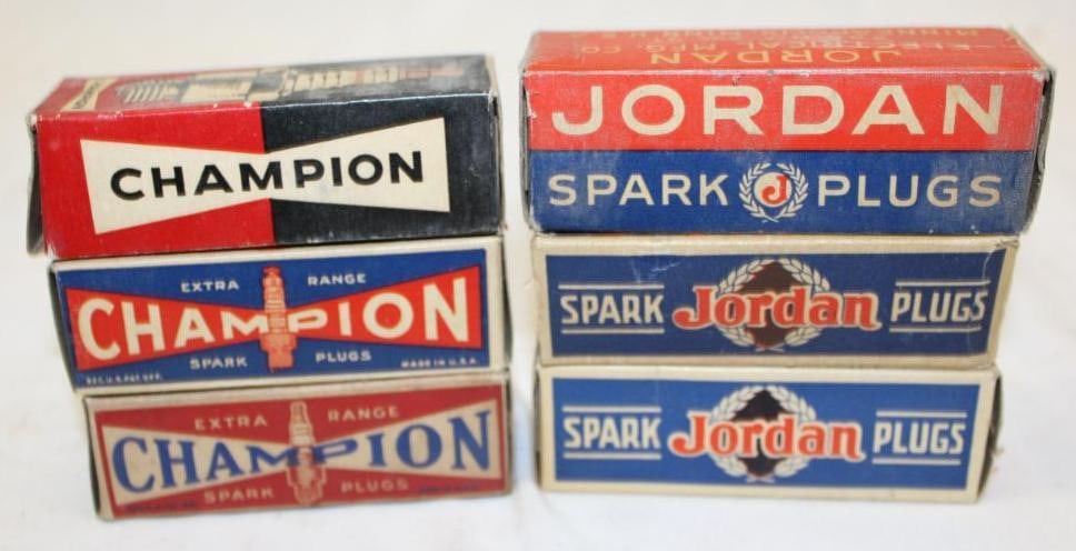 Group of 6 Jordan and Champion Spark Plugs with Boxes: All have spark plugs in the boxes
