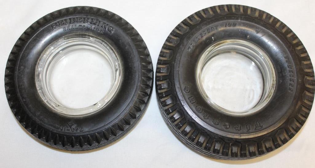 Group of 2 Advertising Tire Ashtrays Firestone and Seiberling: Largest is 6" Diameter