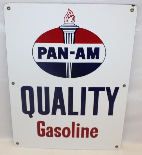 Pan-Am Quality Gasoline Porcelain Pump Plate Sign: An excellent example of a single sided porcelain pump plate sign. It has great color and gloss and only has one tiny chip at the top right corner. It is rated a 9 and measures 17" x 13"