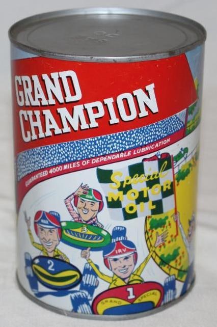 Grand Champion Metal One Quart Motor Oil Can with Racecar Graphics: This can features bright colors and a wonderful cartoon styled racing scene. The condition is excellent with only minimal wear. It has 2 drain holes in the bottom lid. It is graded 9+.
