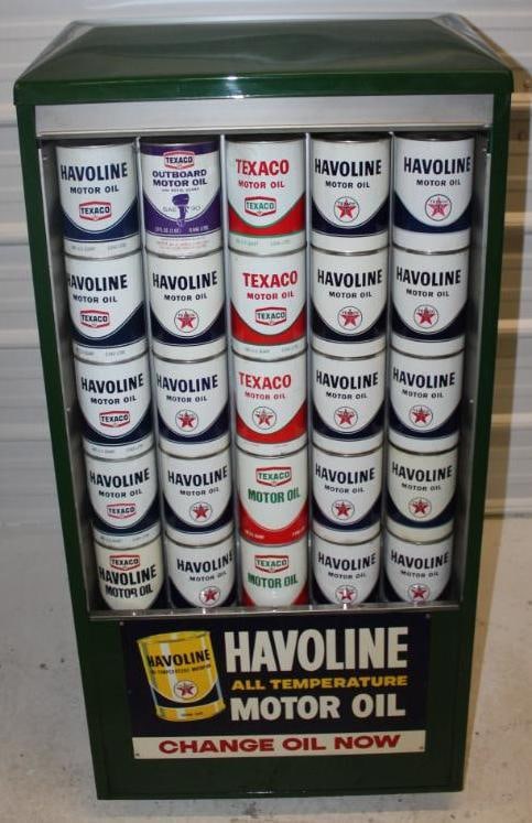 Restored Texaco Havoline Seloil Cabinet with 25 Metal Quart Oil Cans (1 of 12)