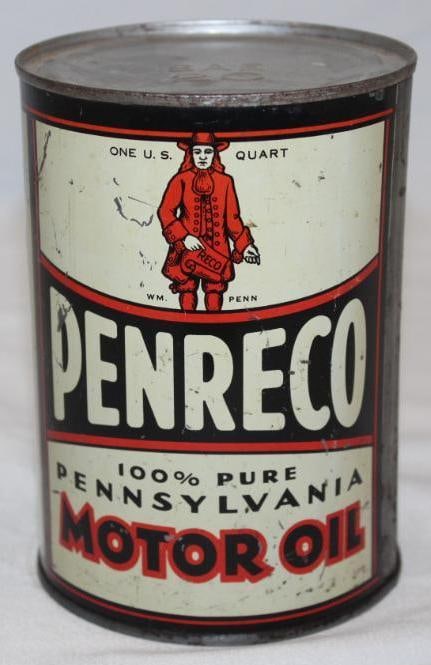 Penreco Metal One Quart Motor Oil Can with Quaker Graphics: A great graphic Penreco quart oil can with Quaker graphics on both sides. The display side has some light surface scratches and wear while the reverse has slightly heavier scratches and slight discolo