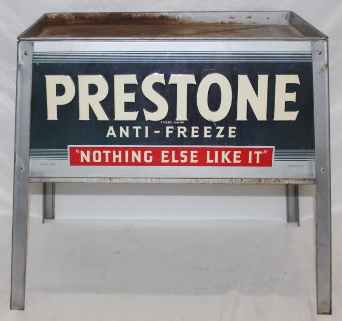 Prestone Anti-Freeze Advertising Display Rack: This rack is in very nice condition. It has some surface scratches to the center. It is graded 8.5 and measures 24" x 16" x 20".