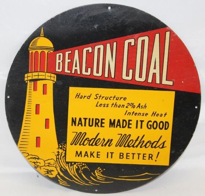 Graphic Beacon Coal with Lighthouse Advertising Sign SST: It displays very well overall. It does have some paper marks and hazing to the field area. It is graded 8.9 and measures 14" diameter