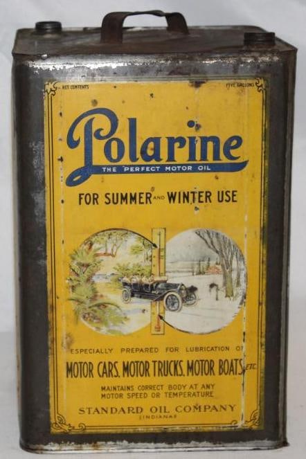 Polarine Standard Oil of Indiana Graphic 5 Gallon Oil Can - Yellow: Nice touring car graphics on this desirable 5 gallon oil can. It displays well with some light rust staining and surface wear. This can is graded 8.25