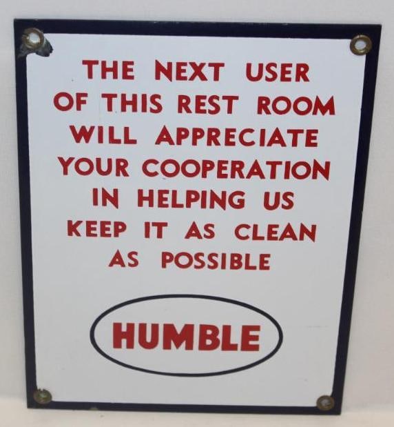 Humble Refining Esso Clean Rest Rooms Porcelain Sign SSP (1 of 4)