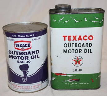 Group of 2 Texaco Outboard One Quart Oil Cans: Both are Metal and Empty