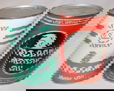 Group of 2 Cities Service Trojan Metal One Quart Oil Cans: Both are Metal and Empty