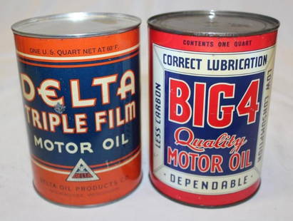 Group of 2 Big Four and Delta Metal One Quart Oil Cans: Both are Metal and Empty. Delta has a new top lid.
