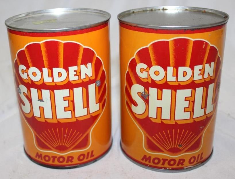 Group of 2 Golden Shell Metal One Quart Oil Cans (1 of 3)