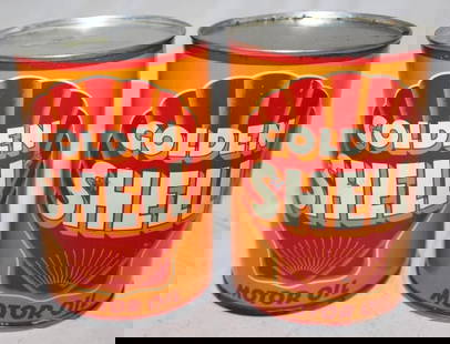 Group of 2 Golden Shell Metal One Quart Oil Cans: Both are Metal and Empty. Both have new top lids.
