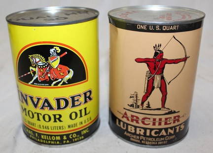 Group of 2 Archer and Invader Metal One Quart Oil Cans: Both are Metal and Full