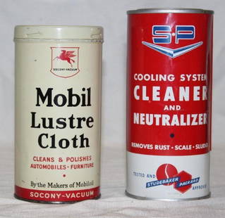Group of 2 Advertising Oil Product Cans Mobil Lustercloth, Studebaker Packard Cleaner: both in very good condition, largest 6.5" x 3"
