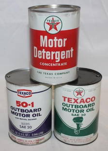 Group of 3 Texaco Metal One Quart Oil Cans: 1 Motor Detergent and 2 Texaco Outboards. All have been drained by 2 holes in the top lid.