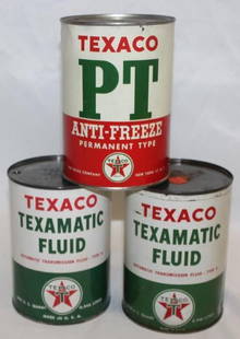 Group of 3 Texaco Metal One Quart Cans ATF and Anti-Freeze: 2 ATF and 1 PT Anti-Freeze. All 3 have been drained by 2 holes in the top lids