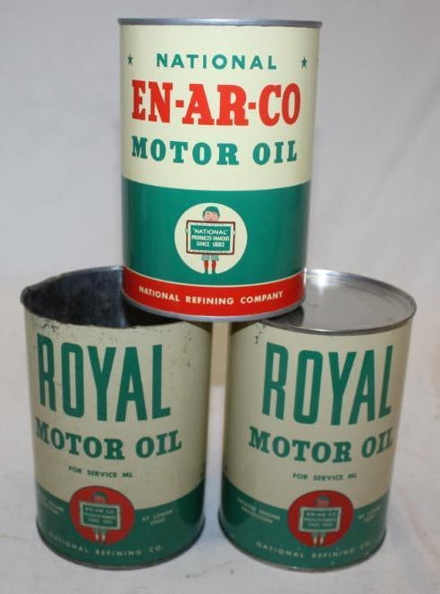 Group of 3 En-Ar-Co Royal Metal One Quart Oil Cans: All are Metal and Empty, One is missing lid and 2 have new lids